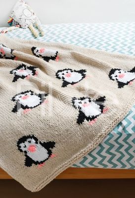 Detská pletená deka s tučniakmi z hrubej priadze Pingo DREAM.