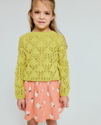 Dievčenský pulóver s ažúrovým vzorom vo farbe ABSINTHE. Model z jemnej priadze Phil PARTNER 3,5.