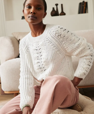 Dámsky pulóver z jemnej bavlnenej priadze Phil LOVE COTTON s raglánovými rukávmi a ažúrovým vzorom, farba Blanc.