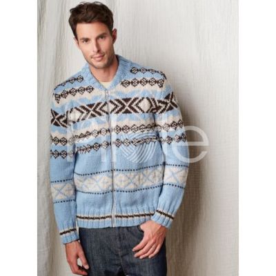 Pánska bunda na zips vo farbách: Brebis, Bleu Gris a Terreau z časopisu Bergere de France 39.