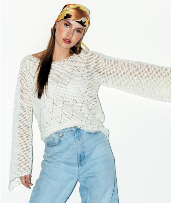 Retro háčkovaný pulóver z bavlnenej priadze Pingo COCO, farba Ecru.