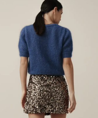 Elegantný dámsky pulóver s krátkym rukávom z luxusnej priadze Phil Mohair Soie, farba Saphir - modrá.