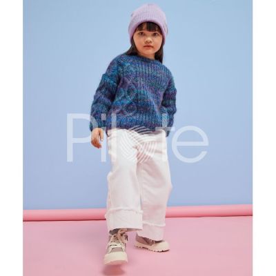 Detský pulóver s asymetrickým vzorom upletený z vlny Pingo Tourbillon, farba Scoubidou.