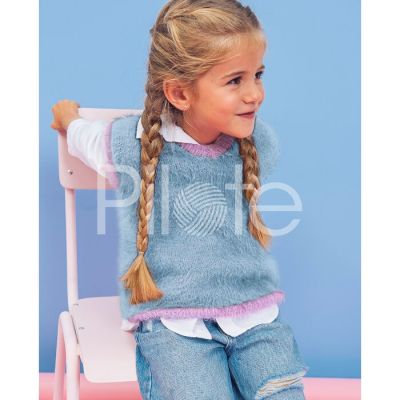 Dievčenská vesta z priadze Pingo CALIN vo farbe Denim a Rose Vif.