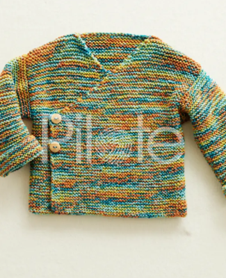 Ste začiatočník? Nebojte sa! S presnými návodmi z časopisu Phildar 223 pre deti do 12 mesiacov hravo upletiete tento zavinovací kabátik farby Tropical.