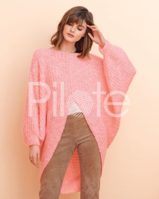 Časopis Phildar 175. Dlhý pulóver s kimonovými rukávmi a rozstrihnutým predným dielom