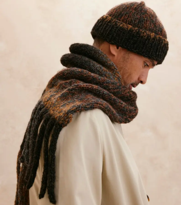 Pánsky šál s pletenými strapcami a čiapka zo samovzorovacej vlny  Phil EASY, farba Ecorse.