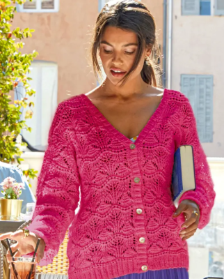 Dámsky sveter s ažúrovým vzorom z jemnej bavlnenej priadze Phil LOVE COTTON, farba Fuchsia.