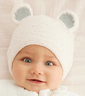 Detská čiapočka z uškami z priadze Phil PARTNER 3,5 , farba Blanc (biela) a Givre (sivá)