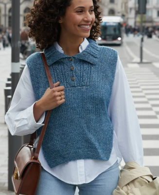 Dámska vesta / náprsenka s trucker límcom. Model je upletený z lesklej priadze Phil IRISÉ, farba Jeans.
