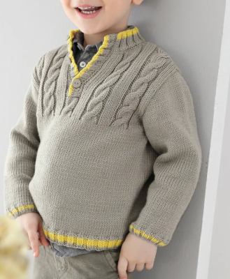 Chlapčenský Polo sveter upleťte z priadze Phil Partner 3,5 farby Brume. Na lemy použite farbu Absinthe. Návod na pletenie ZADARMO!