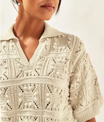 Letný POLO pulóver s čipkovým vzorom z ekologickej bavlnenej priadze Phil ECOCOTON, farba ECRU.