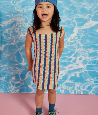 Háčkované dievčenské šaty z bavlnenej priadze Pingo COCO, farby Vert Passion, Coctail a Ultra Bleu.