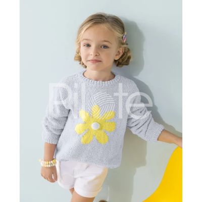 Modro-žltý pulóver s kvetom z letnej priadze Baby Doll