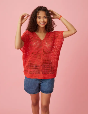 Letné háčkované tričko zo špeciálnej bavlnenej priadze Pingo COCO, farba Rouge Orangé.