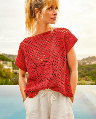 Háčkovaný letný pulóver z prírodnej priadze Phil RUSTIQUE, farba Marsala - ružová