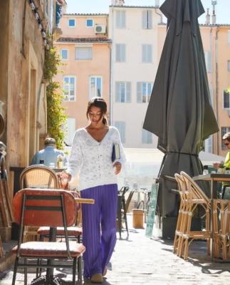 Dámsky sveter s ažúrovým vzorom z jemnej bavlnenej priadze Phil LOVE COTTON, farba Blanc.