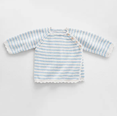 Dojčenský svetrík s raglánovými rukávmi a čipkovými lemami z detskej vlny Phil SUPER BABY farba Cygne a Azur  (bielo-modrý)