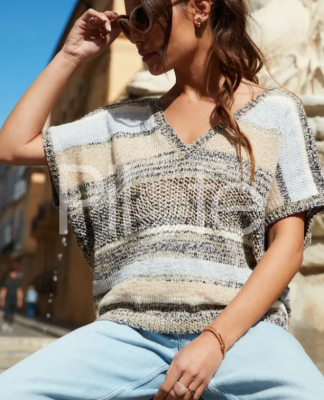 Letnú tuniku v zemitých farbách upleťte z priadze Phil TIMBALLO farba Gypse a pridajte Phil RUSTIQUE farby: Ivoire, Lin a Perle. Časopis na pletenie pre ženy - Phildar 222.