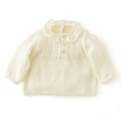 Krásny svetrík do výbavičky pre malé princezné z mäkkej detskej priadze Phil SUPER BABY, farba Craie - maslová.