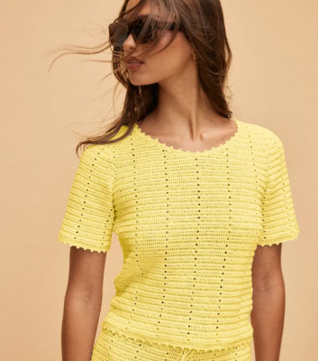 Háčkovaný letný top z priadze Pingo COCO, farba  JAUNE TONIC - žltá.