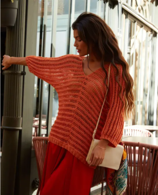 Dámsky letný pulóver s dierkovaným vzorom z prírodnej priadze phil Rustique, farba Vitamine.