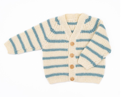Páskovaný detský kardigán z jemnej jahňacej vlny Phil LAMBSWOOL, farba Ecru-maslová  a Amande-zelená