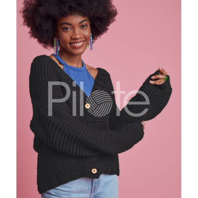 Dámsky sveter s V výstrihom z hrubej zimnej priadze Pingo SPEED, farba Noir.