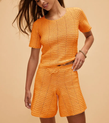 Háčkované šortky z bavlnenej priadze Pingo COCO, farba Curry - oranžová.