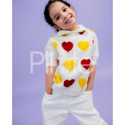 Dievčenský pulóver so srdiečkami žlto červený-návod na pletenie