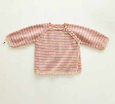 Dojčenský svetrík s raglánovými rukávmi a čipkovými lemami z detskej vlny Phil SUPER BABY farba Grege a Rose des Sables (béžovo - ružový)